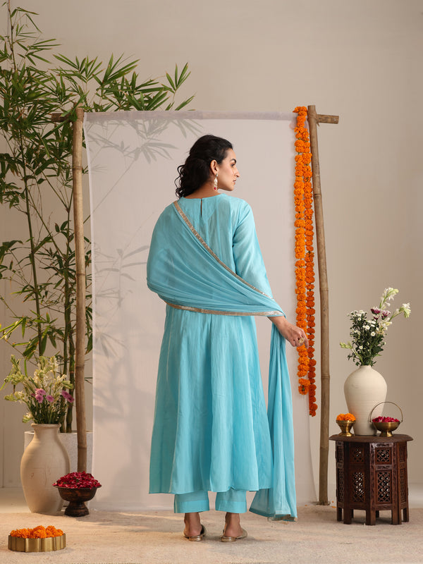 Khushal K Women Cotton Kurta and Palazzo With Dupatta Set - Turquoise Blue