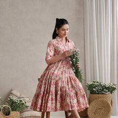 Women Floral Print Puff Sleeve A-Line Midi Dress