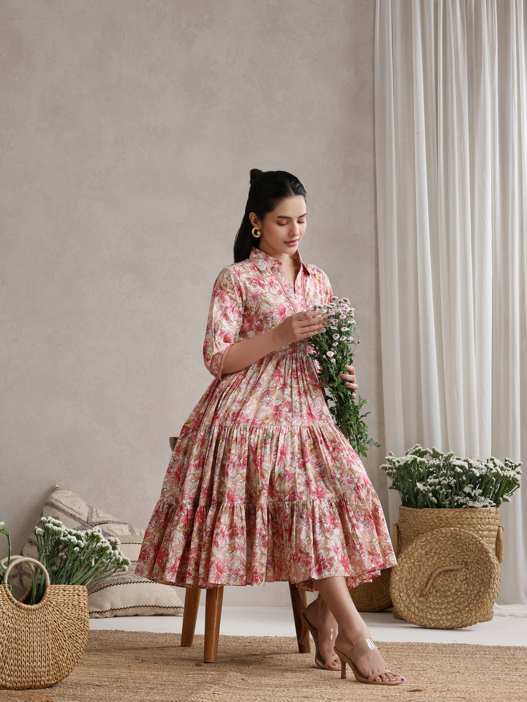 Women Floral Print Puff Sleeve A-Line Midi Dress