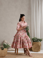 Women Floral Print Puff Sleeve A-Line Midi Dress