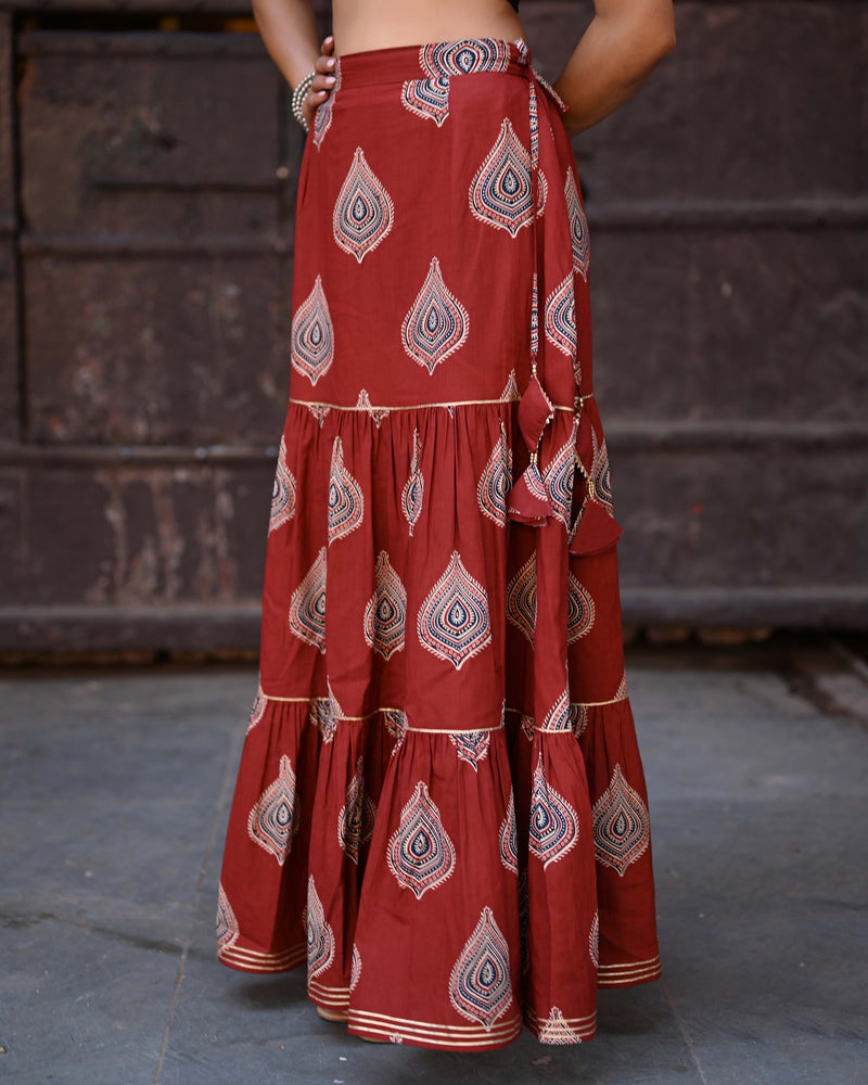 Khushal K Women's Rust Printed Cotton Flared Maxi Skirt