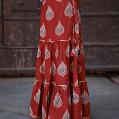 Khushal K Women's Rust Printed Cotton Flared Maxi Skirt