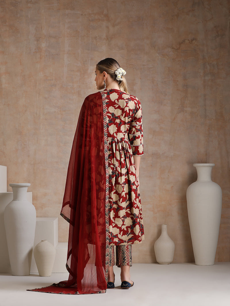 Women Floral Printed Regular Pure Cotton Kurta with Palazzos & With Dupatta