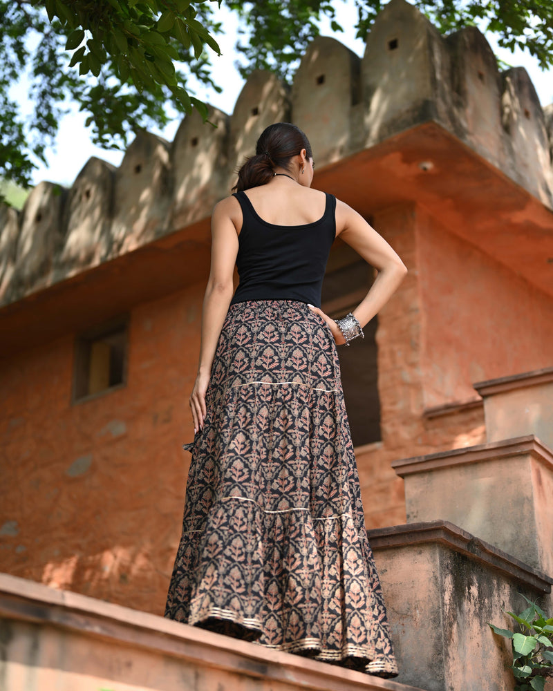 Khushal K Women's Black Printed Cotton Flared Maxi Skirt