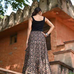 Khushal K Women's Black Printed Cotton Flared Maxi Skirt