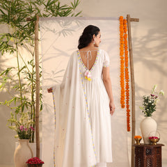 Khushal K Women Cotton Kurta and Palazzo With Dupatta Set - White