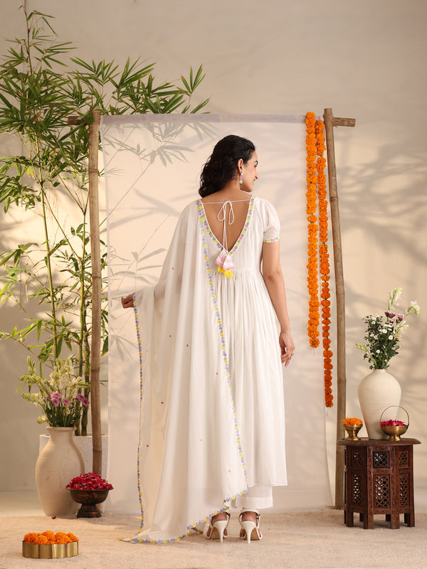 Khushal K Women Cotton Kurta and Palazzo With Dupatta Set - White