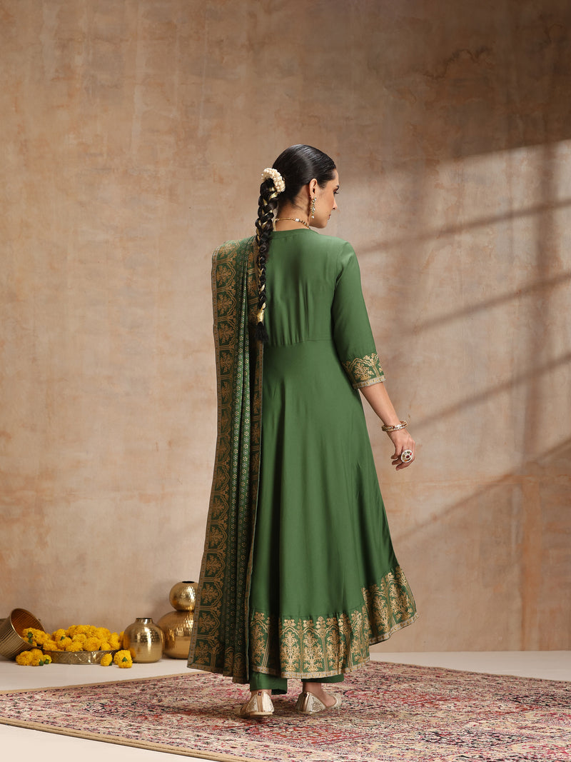 Women Solid Anarkali Kurta with Trousers & Dupatta
