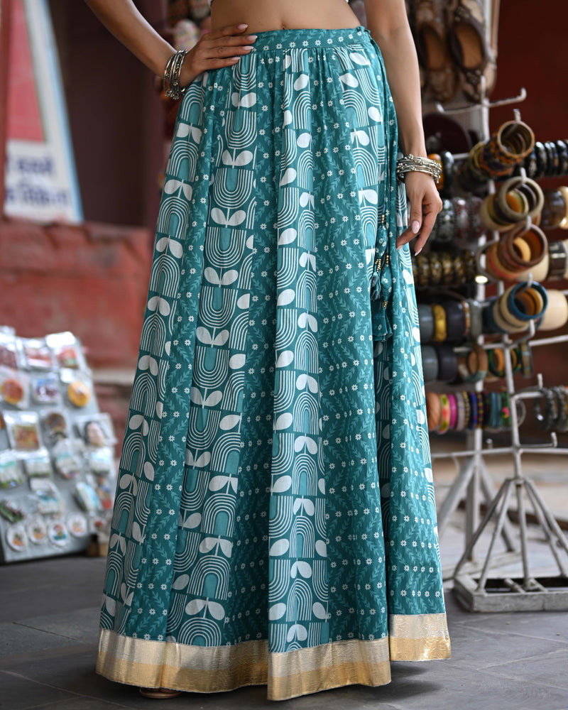 Khushal K Women's Turquoise Blue Printed Cotton Flared Maxi Skirt