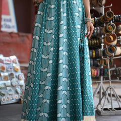 Khushal K Women's Turquoise Blue Printed Cotton Flared Maxi Skirt