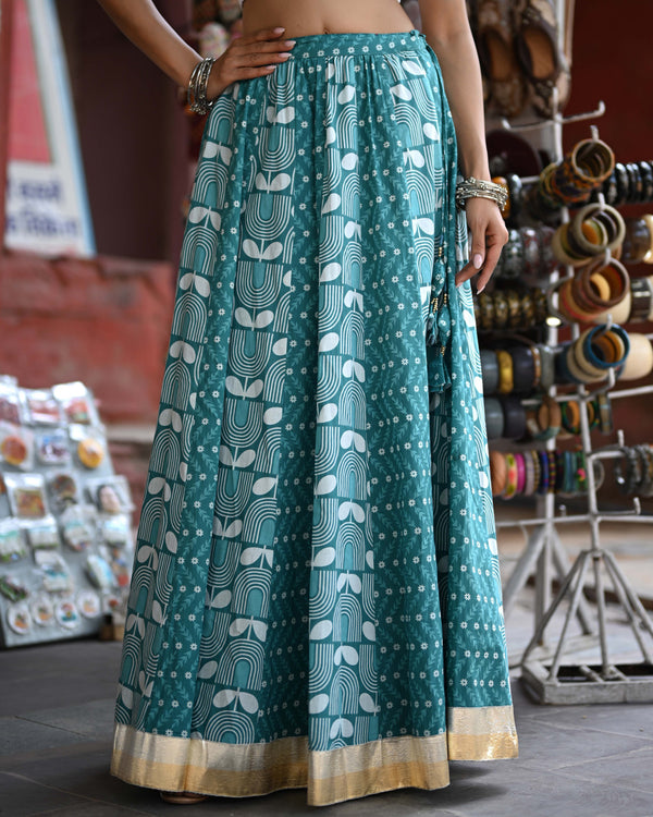 Khushal K Women's Turquoise Blue Printed Cotton Flared Maxi Skirt
