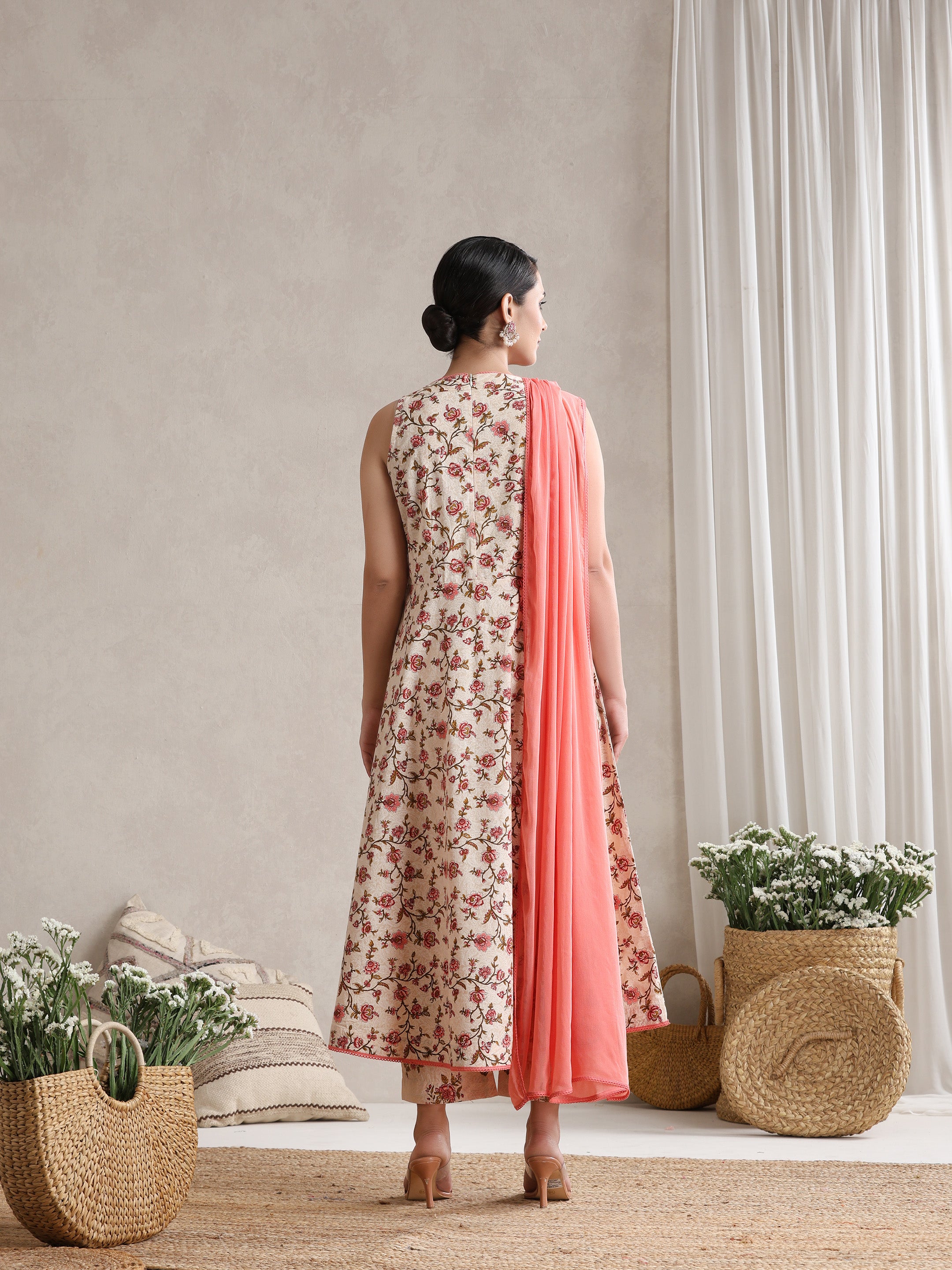 Women Cream Floral Printed Angrakha Pure Cotton Kurta with Palazzos & Dupatta