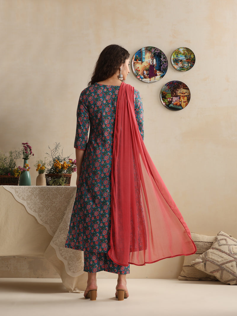 Khushal K Women Floral Printed Regular Pure Cotton Blue Kurta & Palazzo With Dupatta