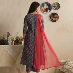 Khushal K Women Floral Printed Regular Pure Cotton Blue Kurta & Palazzo With Dupatta