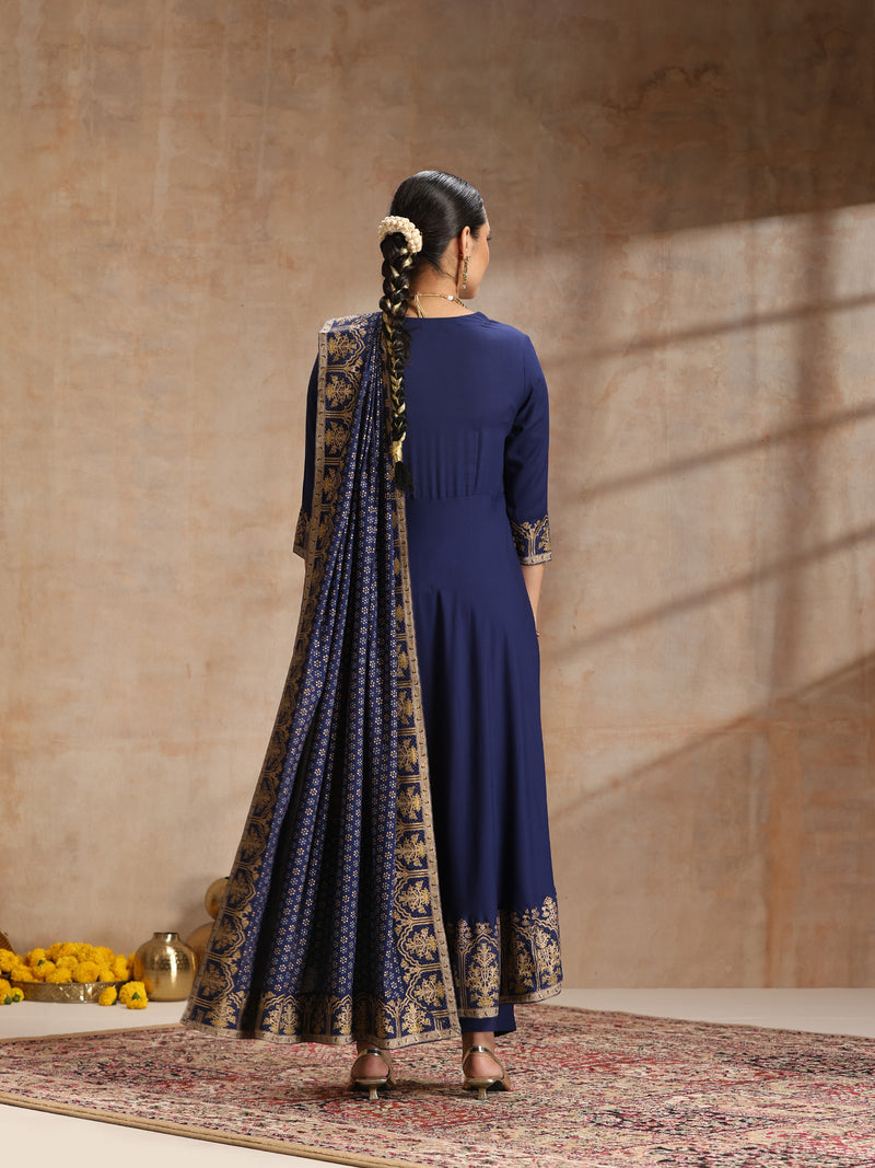 Women’s Ethnic Embroidered Angrakha Kurta Set with Trousers and Dupatta