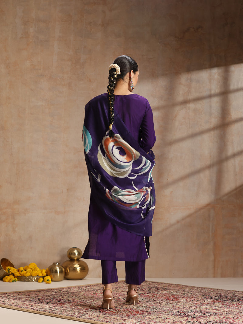 Khushal K Women Pure Silk purple Embroidered Kurta & Palazzo With Dupatta