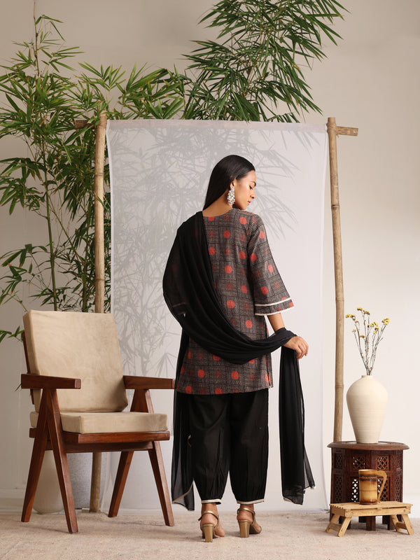 Khushal K Women Cotton kurti and Afghani Salwar with dupatta set - Black