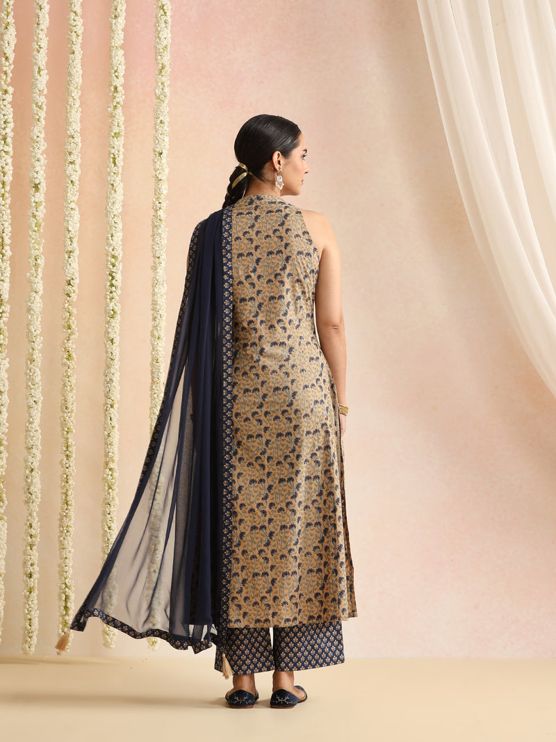Beige & Navy Blue Printed Kurta with Palazzos & Dupatta Set
