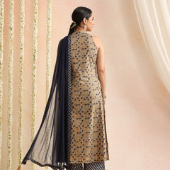 Beige & Navy Blue Printed Kurta with Palazzos & Dupatta Set
