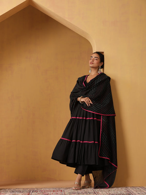 Khushal K Women Cotton Kurta and Palazzo With Dupatta Set - Black