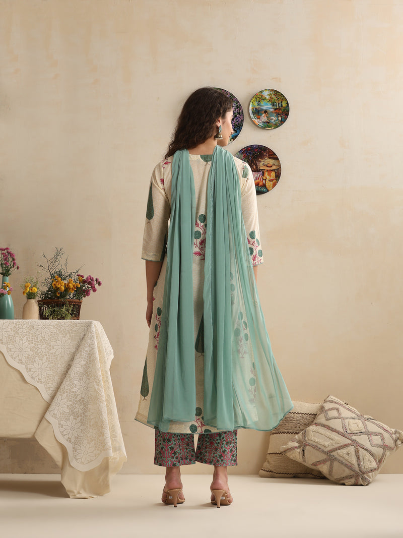 Khushal K Women Floral Printed Regular Pure Cotton Off-White Kurta & Palazzo With Dupatta