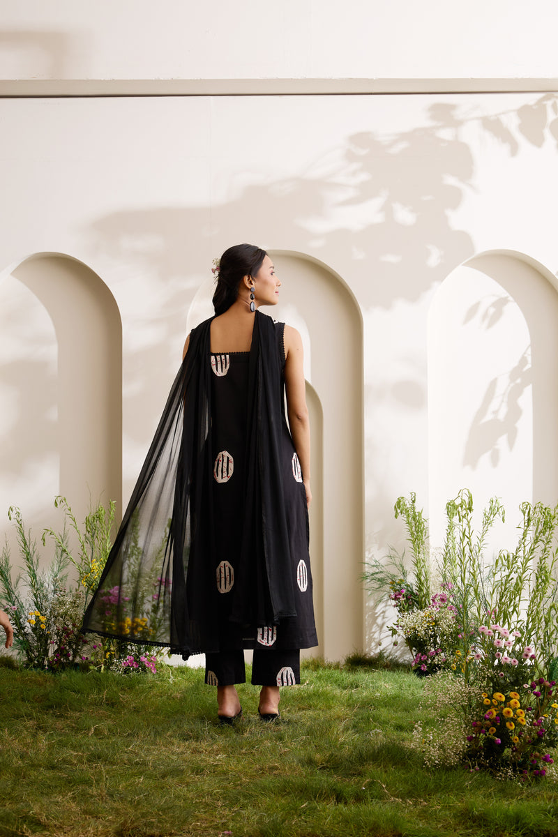 Khushal K Women Cotton Kurta And Palazzo With Dupatta Set - Black