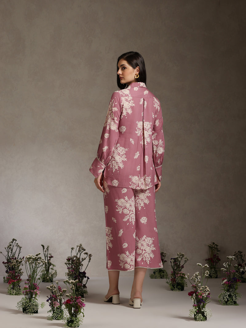 Floral Printed Mauve Co-ord Set with Flared Sleeves