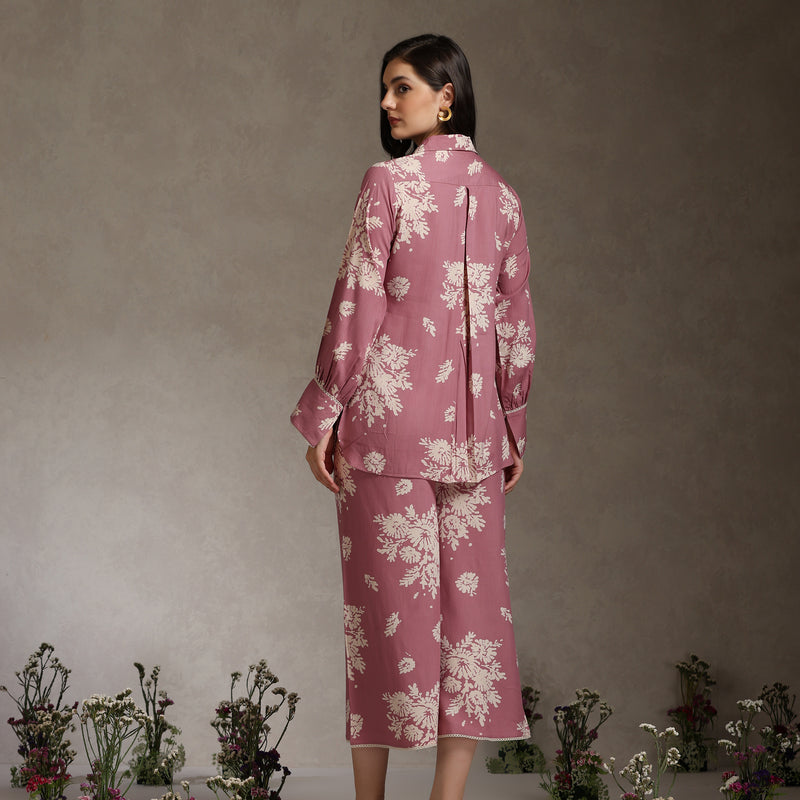 Floral Printed Mauve Co-Ord Set with Flared Sleeves - Pink - Khushal K - Image 6