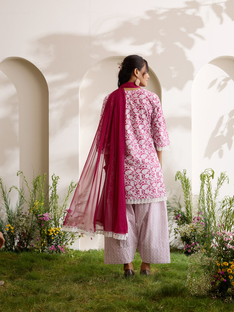 Khushal K Women Cotton Kurti And Farshi Salwar  With Dupatta Set - Maroon