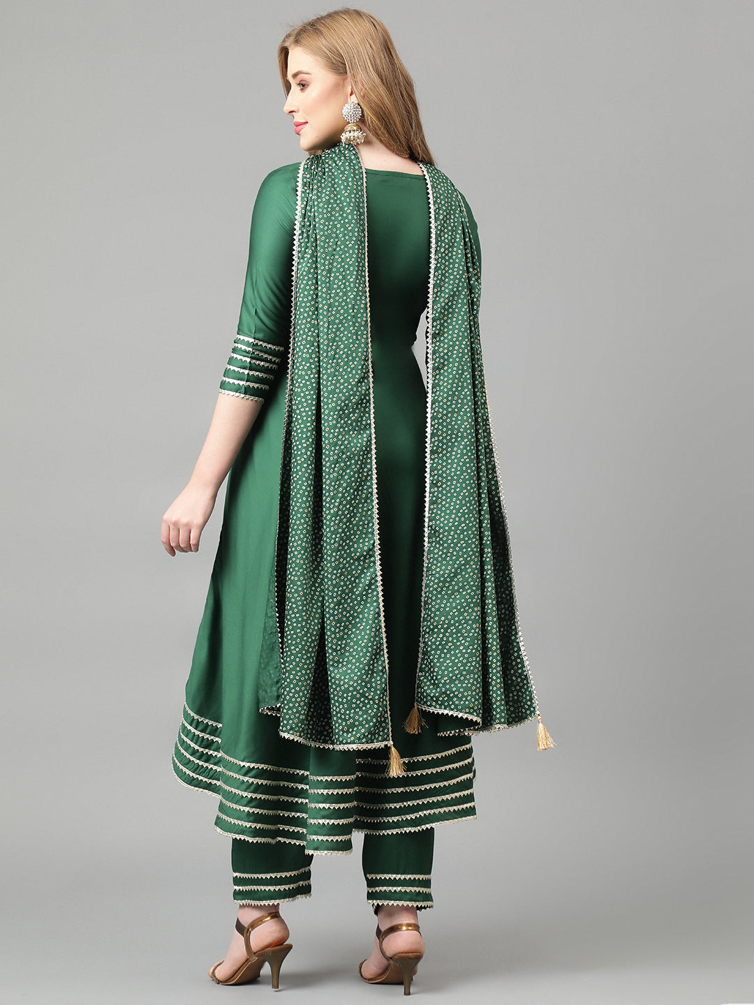 Green solid Kurta with Trousers with dupatta
