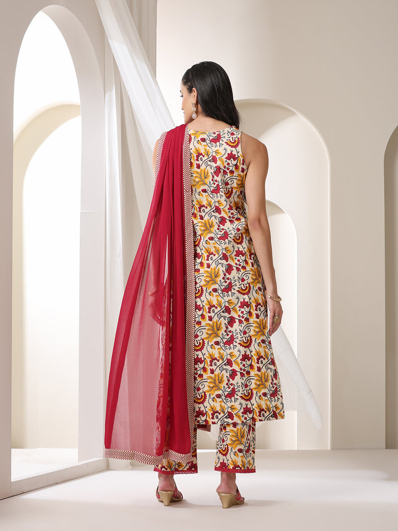 Khushal K Floral Printed V-Neck Pure Cotton Straight Kurta set