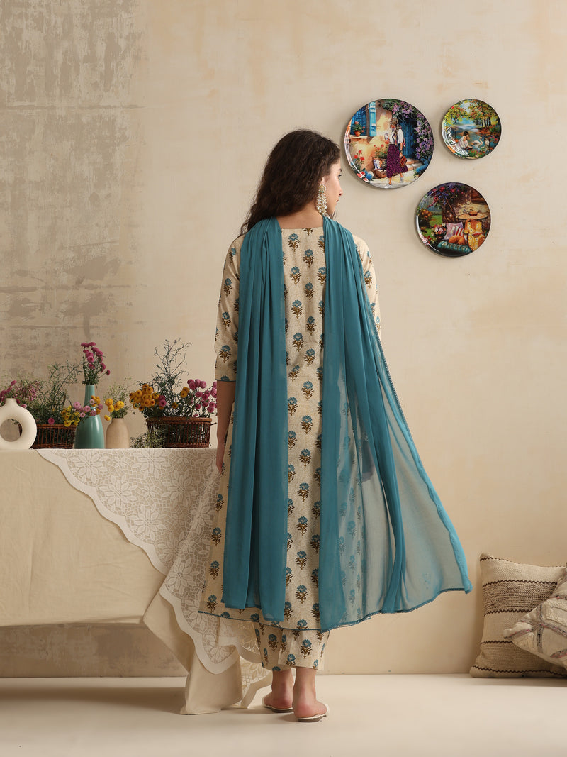 Khushal K Women Cream Floral Printed Regular Pure Cotton Kurta & Palazzo With Dupatta