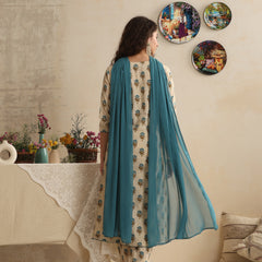 Khushal K Women Cream Floral Printed Regular Pure Cotton Kurta & Palazzo With Dupatta