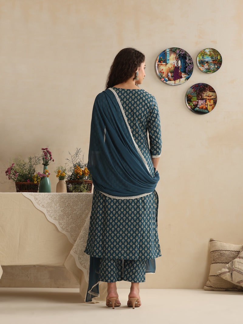 Khushal K Women Floral Printed Regular Pure Cotton Kurta & Palazzo With Dupatta
