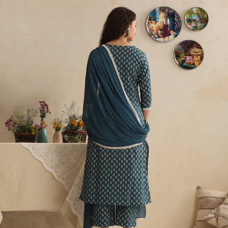 Women Floral Printed Regular Pure Cotton Kurta & Palazzo with Dupatta - Blue - Khushal K - Image 6