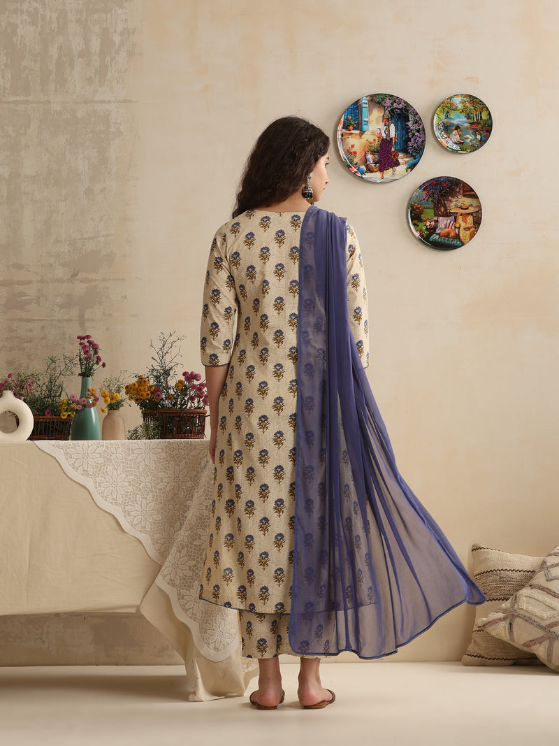 Khushal K Women Floral Printed Regular Pure Cotton Cream Kurta & Palazzo With Dupatta