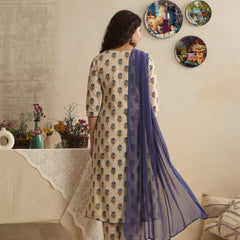 Khushal K Women Floral Printed Regular Pure Cotton Cream Kurta & Palazzo With Dupatta