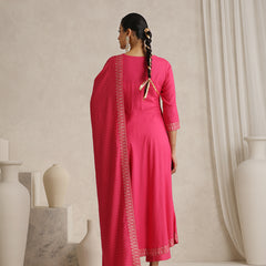 Floral Yoke Design V-Neck Thread Work A-Line Kurta With Trousers And Dupatta