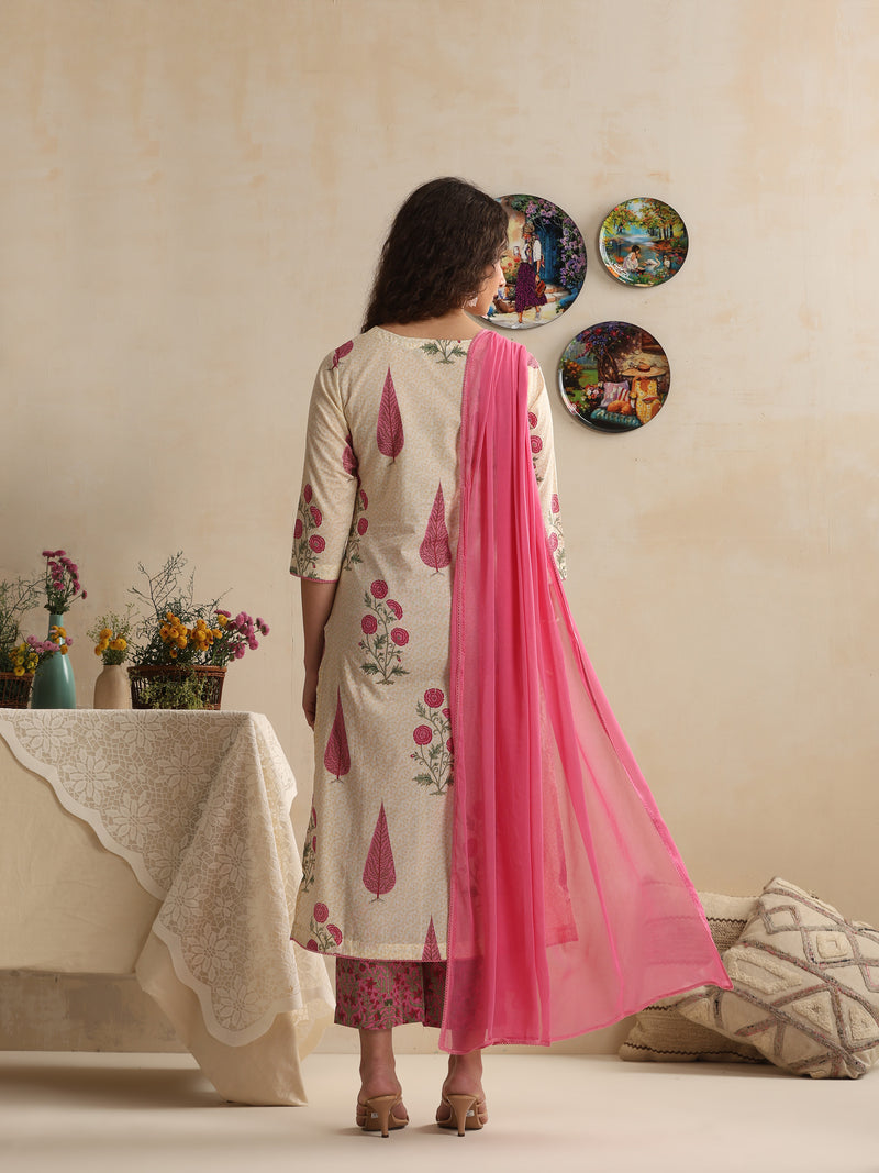 Khushal K Women Floral Printed Regular Pure Off White Cotton Kurta & Palazzo With Dupatta