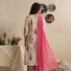 Khushal K Women Floral Printed Regular Pure Off White Cotton Kurta & Palazzo With Dupatta