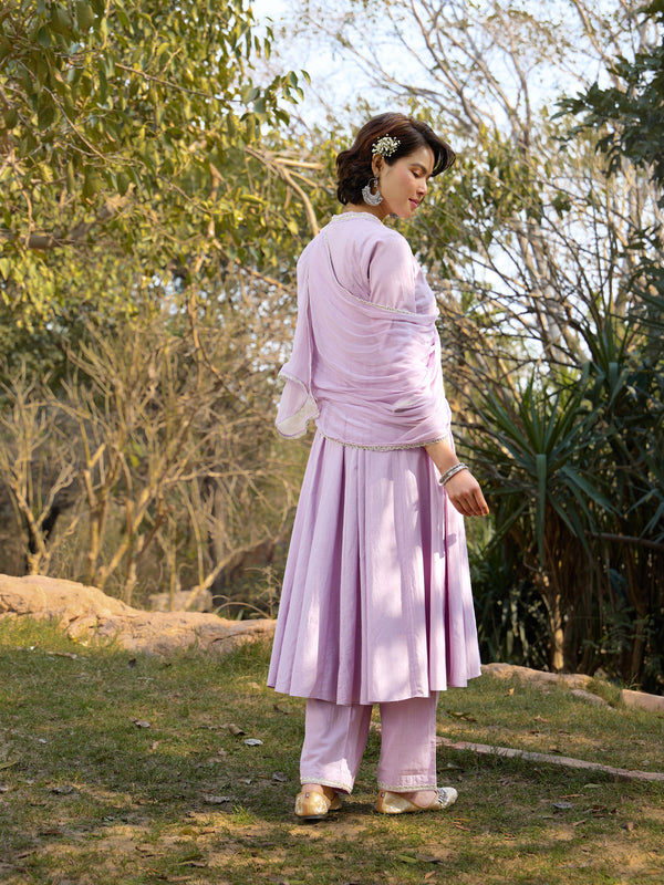 Khushal K Women Cotton Kurta and Palazzo With Dupatta Set - Lavender