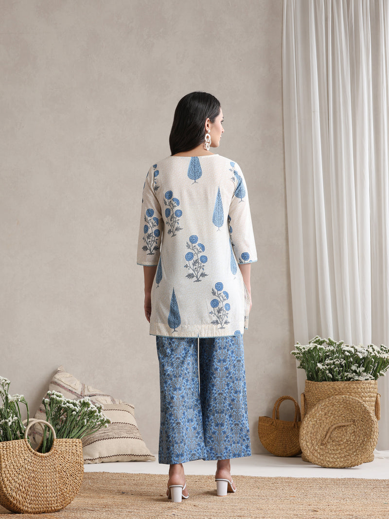Floral Printed Cotton V-Neck Tunic With Palazzo Co-Ords