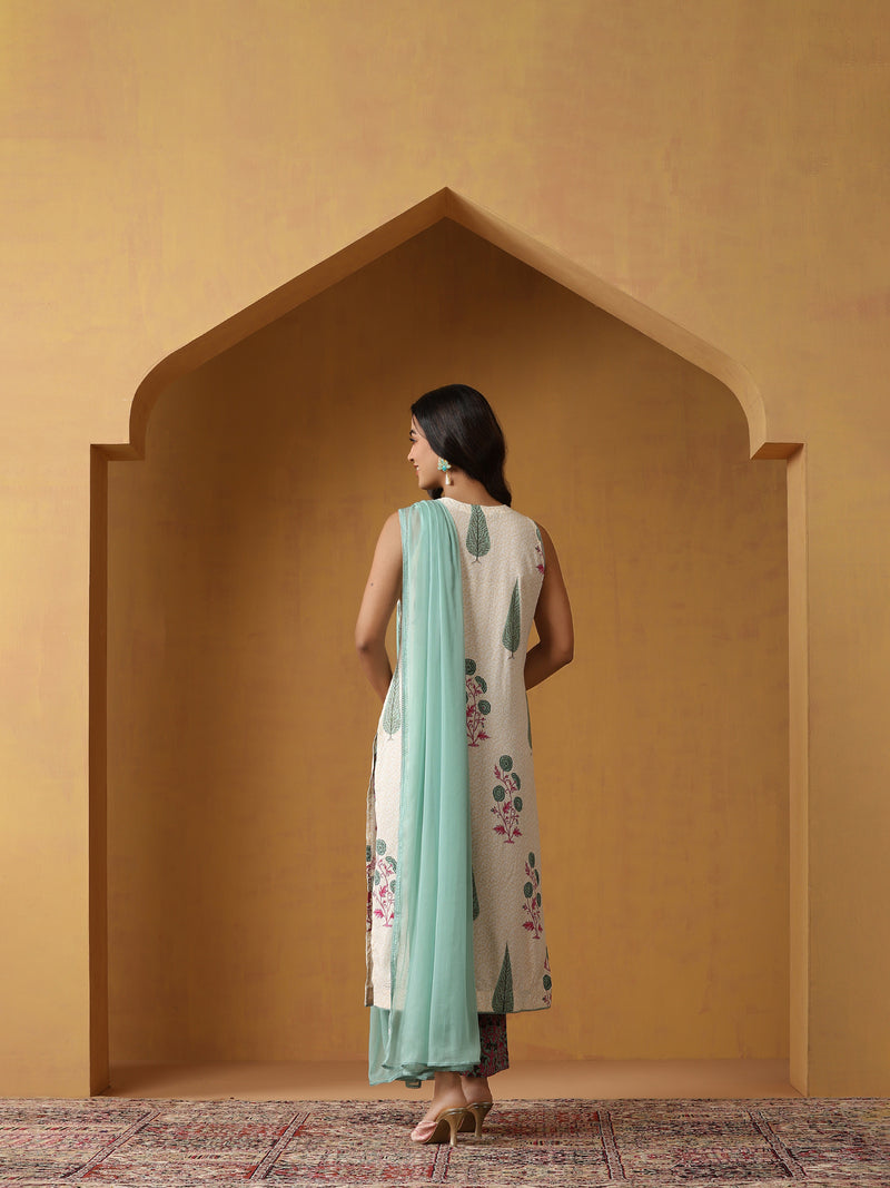 Khushal K Women Floral Printed Sleeveless Pure Cotton Kurta Set