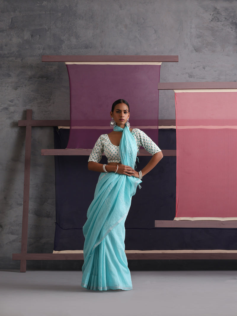 Women Cotton Torquoise Blue Linen Printed Saree