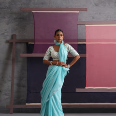 Women Cotton Torquoise Blue Linen Printed Saree