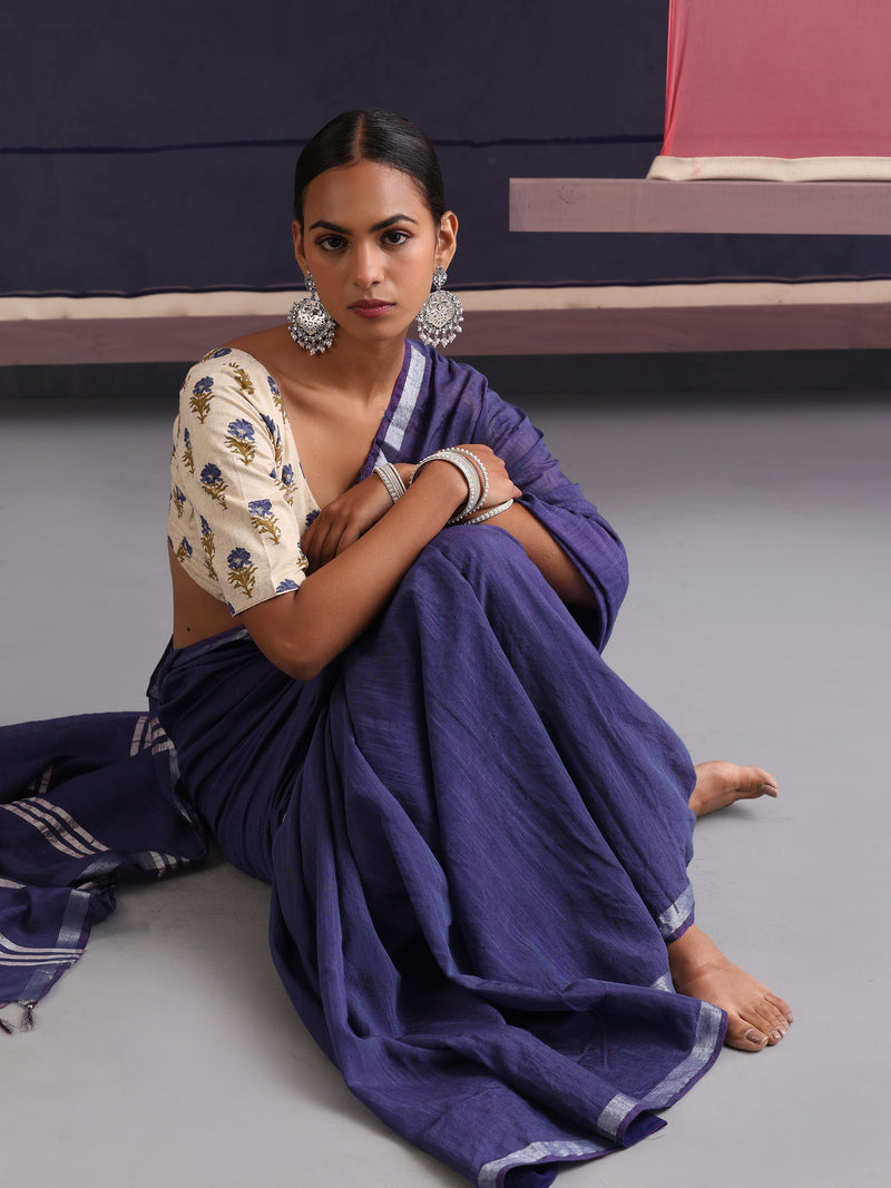 Women Cotton Blue Linen Printed Saree