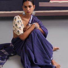 Women Cotton Blue Linen Printed Saree