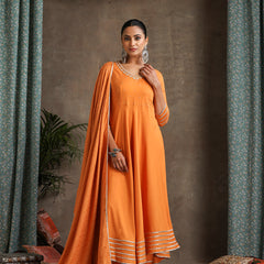 Floral Embroidered V-Neck Thread Work A-Line Kurta With Trousers And Dupatta