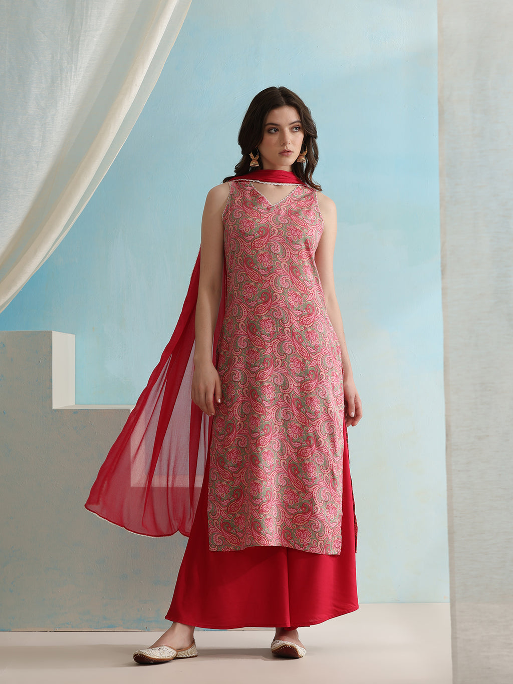 Paisley Printed V-Neck Sleeveless Kurta with Palazzos & With Dupatta