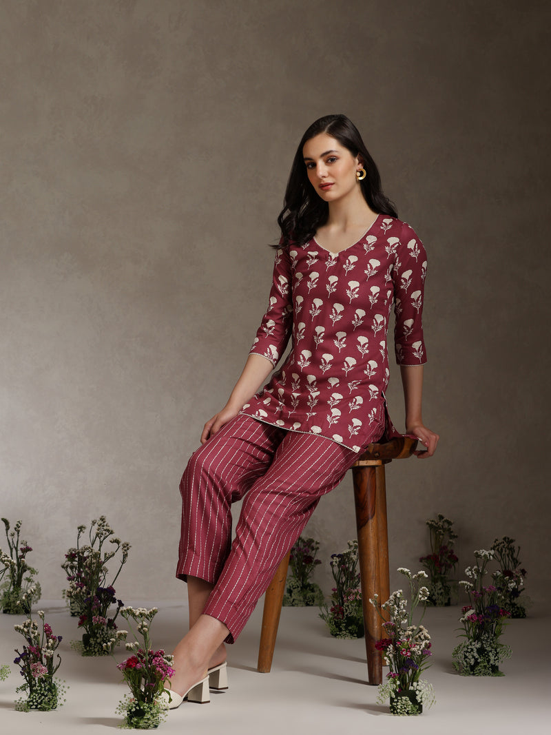 Floral Printed V-Neck Cotton Cord Set